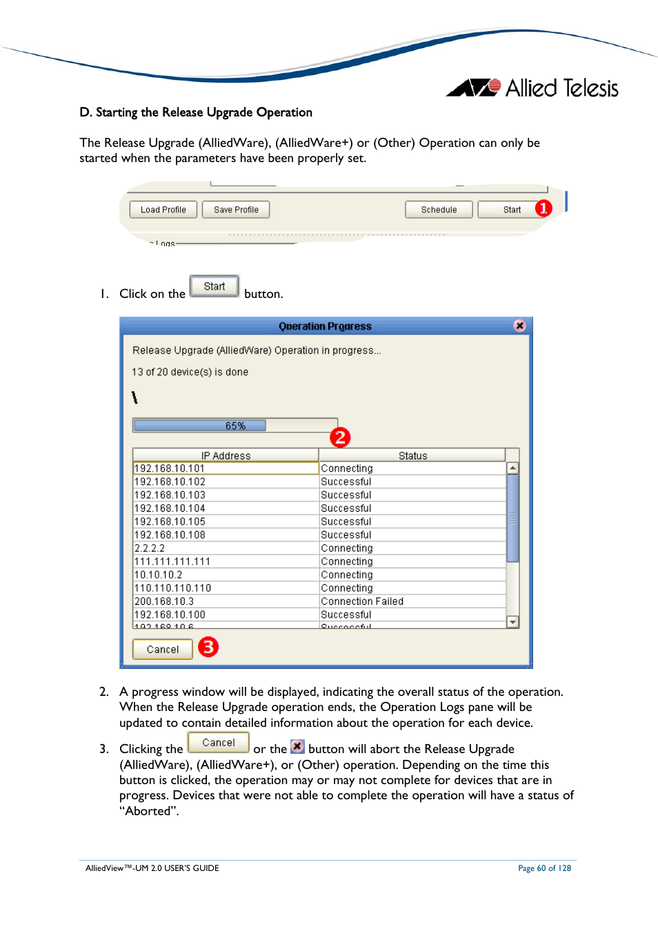 D. starting the release upgrade operation, Tarting the, Elease | Pgrade, Peration | Allied Telesis AlliedView-UM 2.0 User Manual | Page 60 / 128