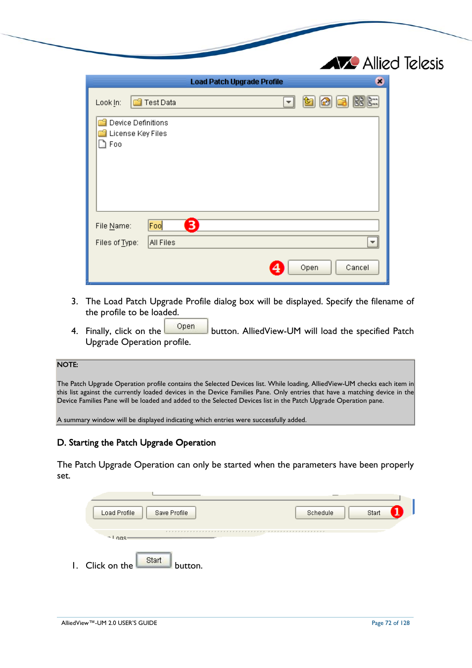 D. starting the patch upgrade operation, Tarting the, Atch | Pgrade, Peration, Click on the, Button | Allied Telesis AlliedView-UM 2.0 User Manual | Page 72 / 128