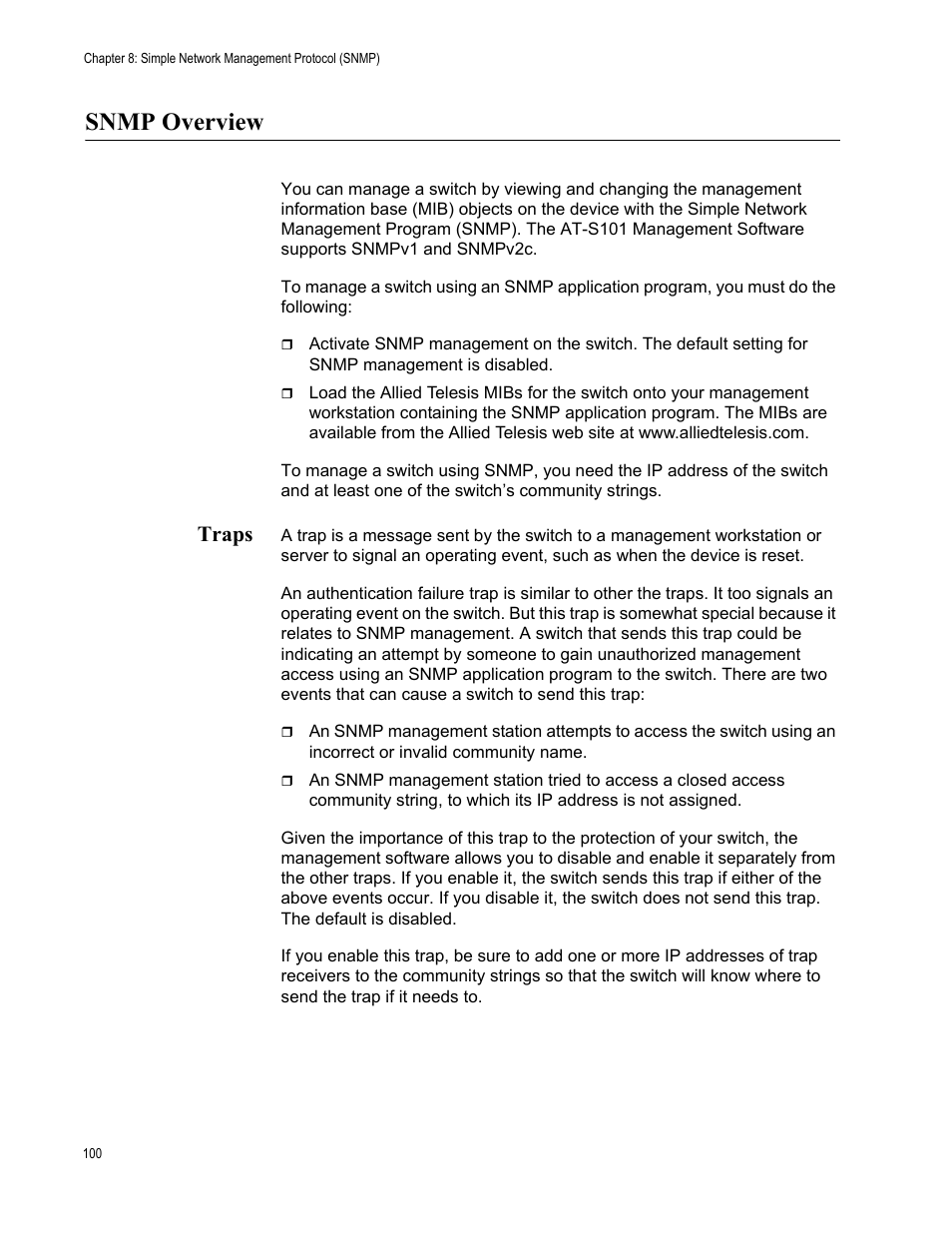 Snmp overview, Traps | Allied Telesis AT-S101 User Manual | Page 100 / 238