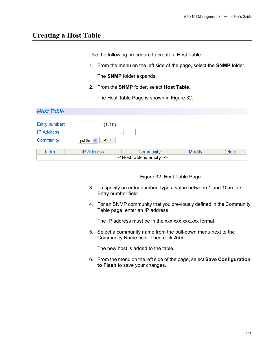 Creating a host table | Allied Telesis AT-S101 User Manual | Page 107 / 238