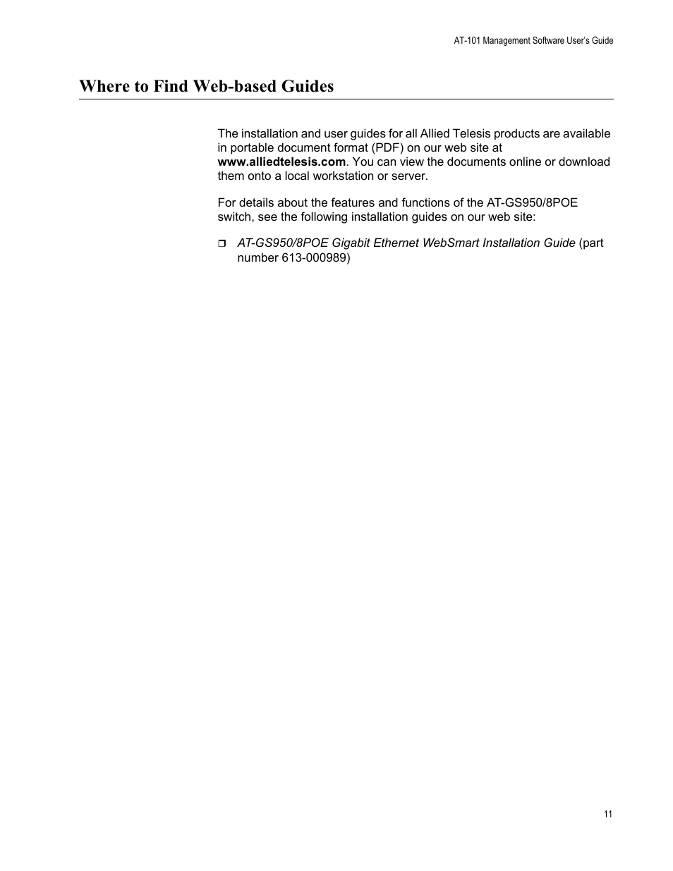Where to find web-based guides | Allied Telesis AT-S101 User Manual | Page 11 / 238