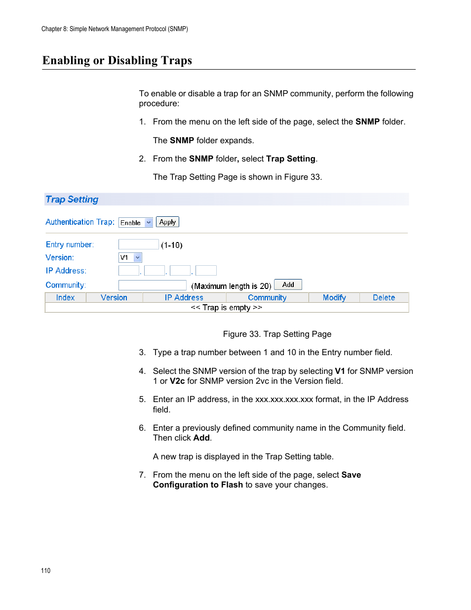 Enabling or disabling traps | Allied Telesis AT-S101 User Manual | Page 110 / 238