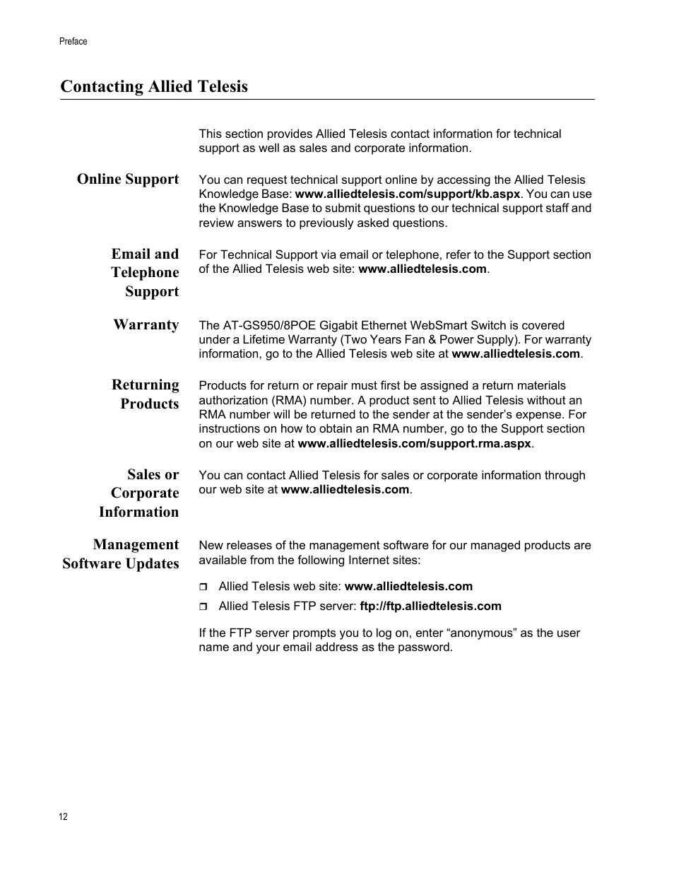 Contacting allied telesis, Online support, Email and telephone support | Warranty, Returning products, Sales or corporate information, Management software updates | Allied Telesis AT-S101 User Manual | Page 12 / 238