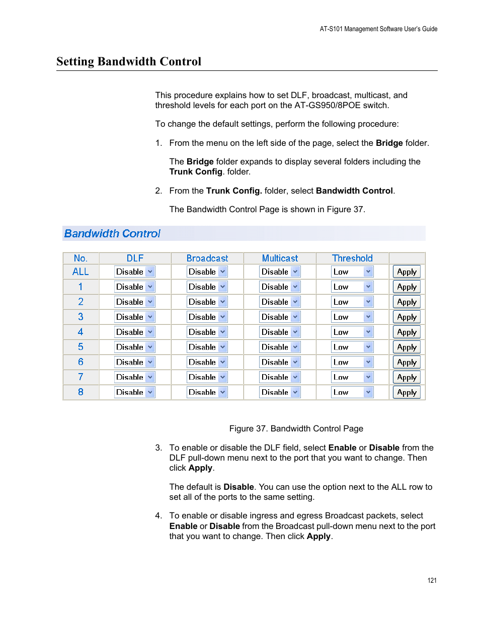 Setting bandwidth control | Allied Telesis AT-S101 User Manual | Page 121 / 238