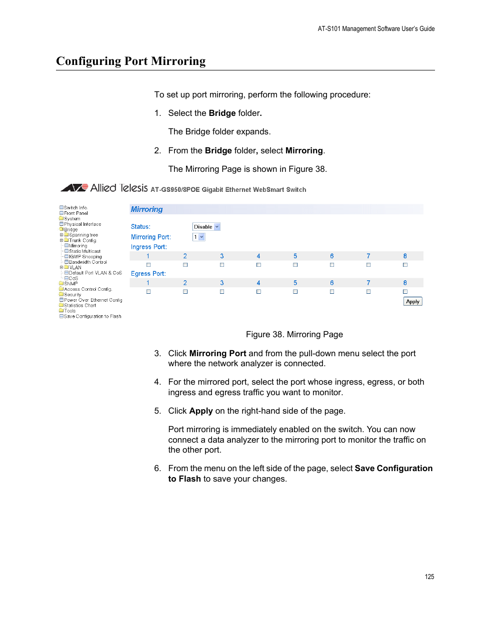 Configuring port mirroring | Allied Telesis AT-S101 User Manual | Page 125 / 238