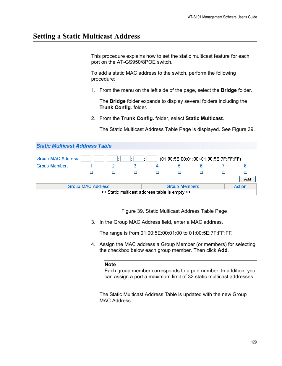Setting a static multicast address | Allied Telesis AT-S101 User Manual | Page 129 / 238