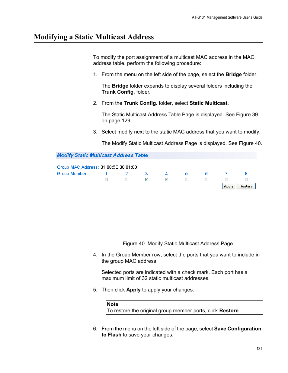 Modifying a static multicast address | Allied Telesis AT-S101 User Manual | Page 131 / 238