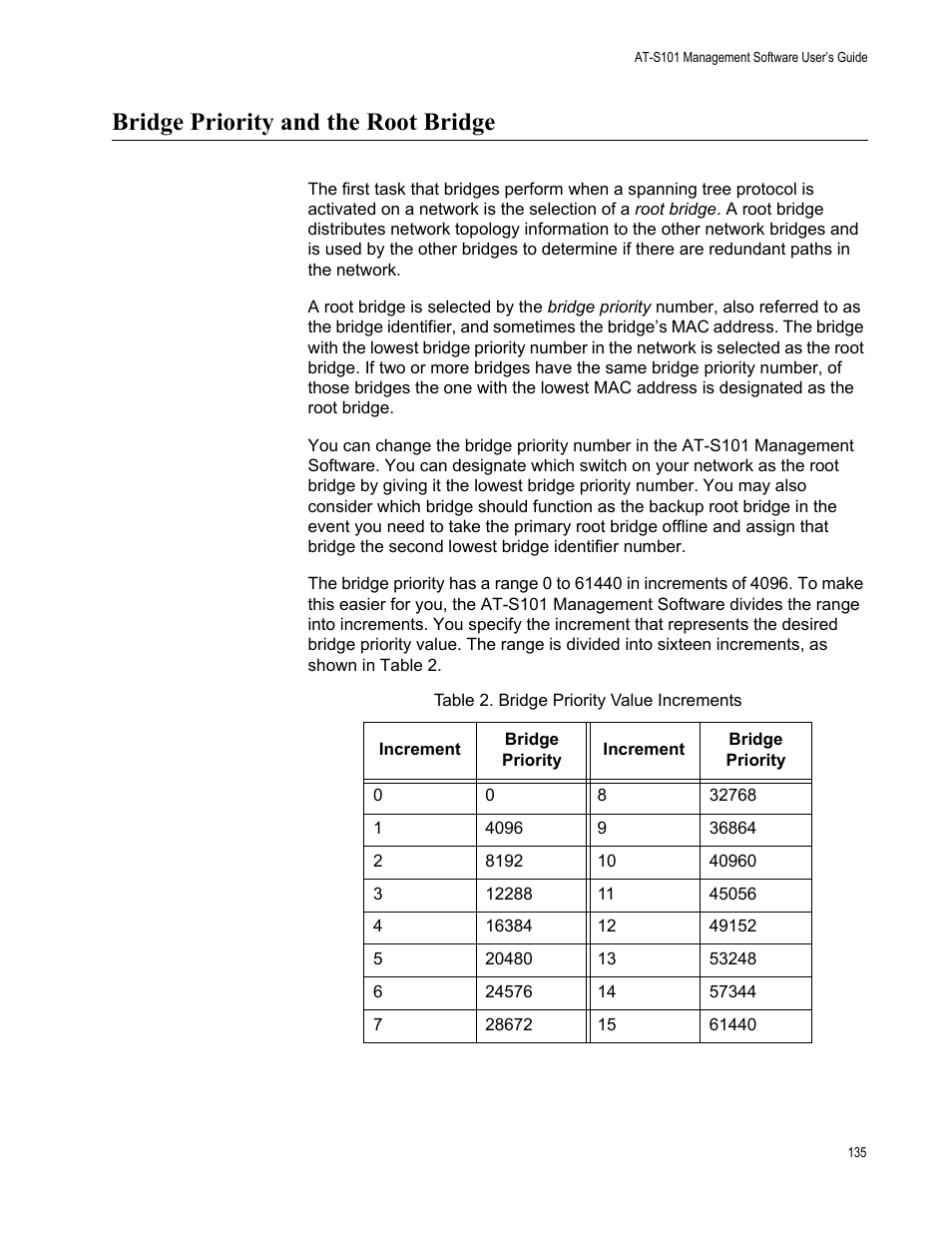 Bridge priority and the root bridge | Allied Telesis AT-S101 User Manual | Page 135 / 238