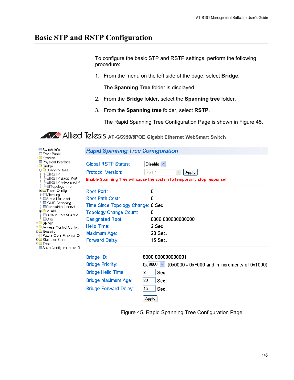 Basic stp and rstp configuration | Allied Telesis AT-S101 User Manual | Page 145 / 238