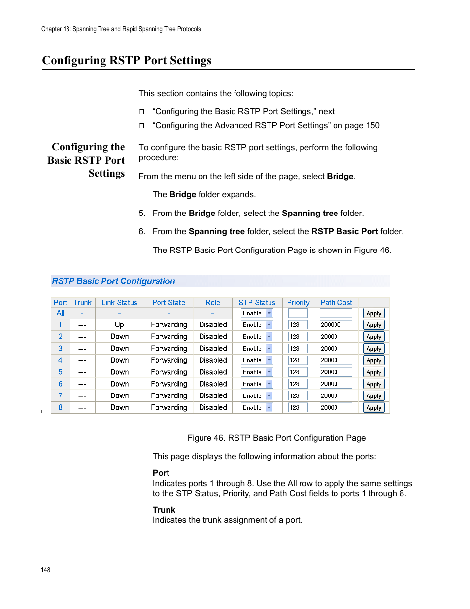 Configuring rstp port settings, Configuring the basic rstp port settings | Allied Telesis AT-S101 User Manual | Page 148 / 238