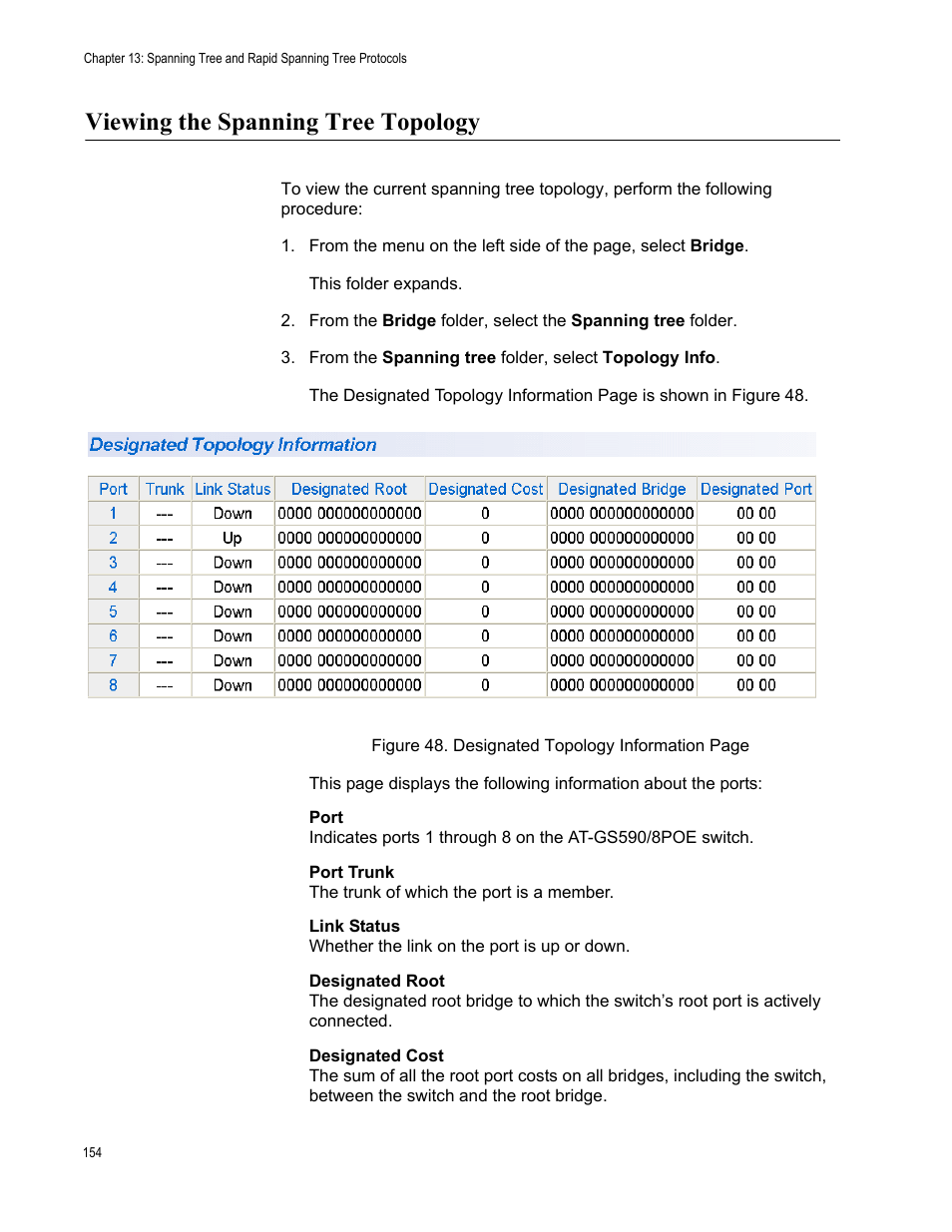 Viewing the spanning tree topology | Allied Telesis AT-S101 User Manual | Page 154 / 238