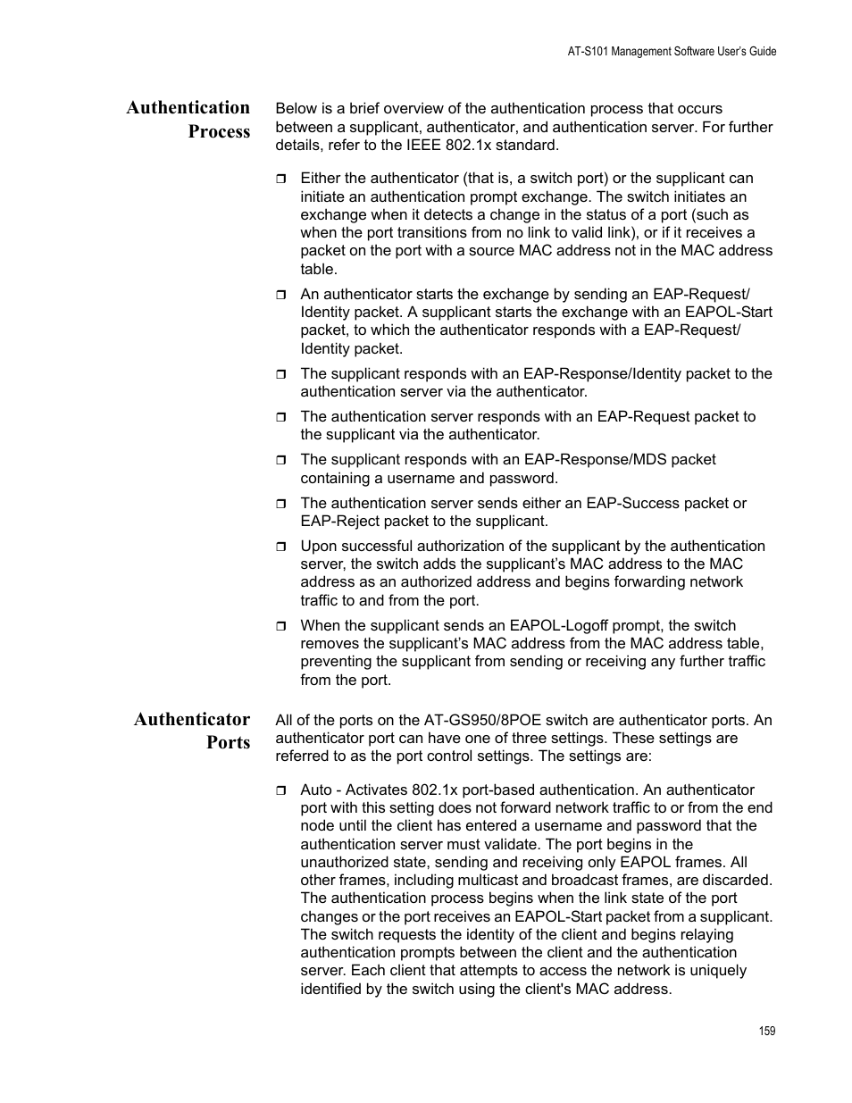 Authentication process, Authenticator ports, Authentication process authenticator ports | Allied Telesis AT-S101 User Manual | Page 159 / 238