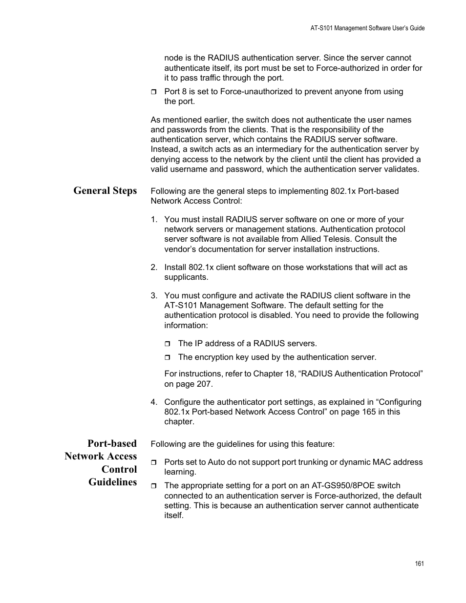 General steps, Port-based network access control guidelines | Allied Telesis AT-S101 User Manual | Page 161 / 238