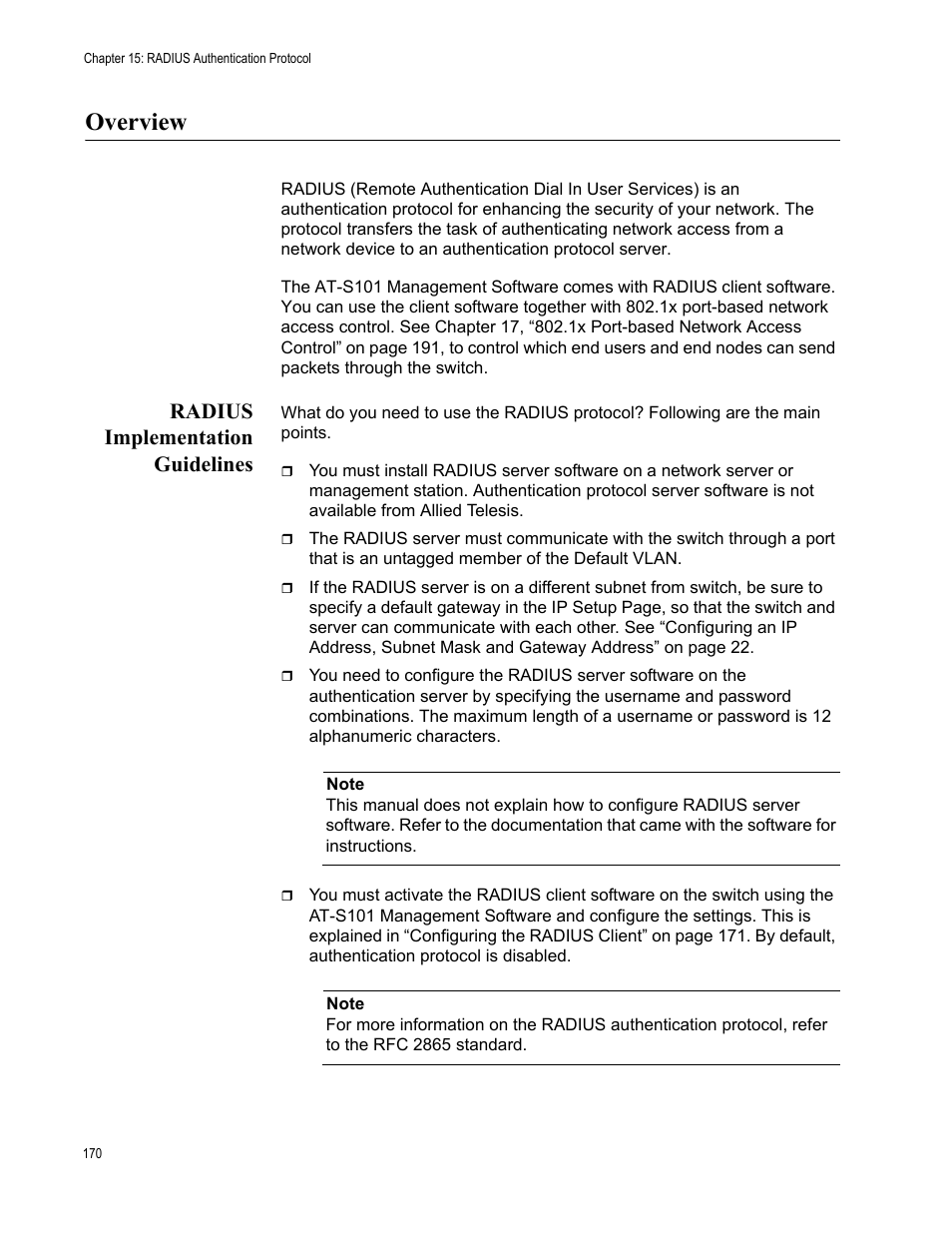 Overview, Radius implementation guidelines | Allied Telesis AT-S101 User Manual | Page 170 / 238