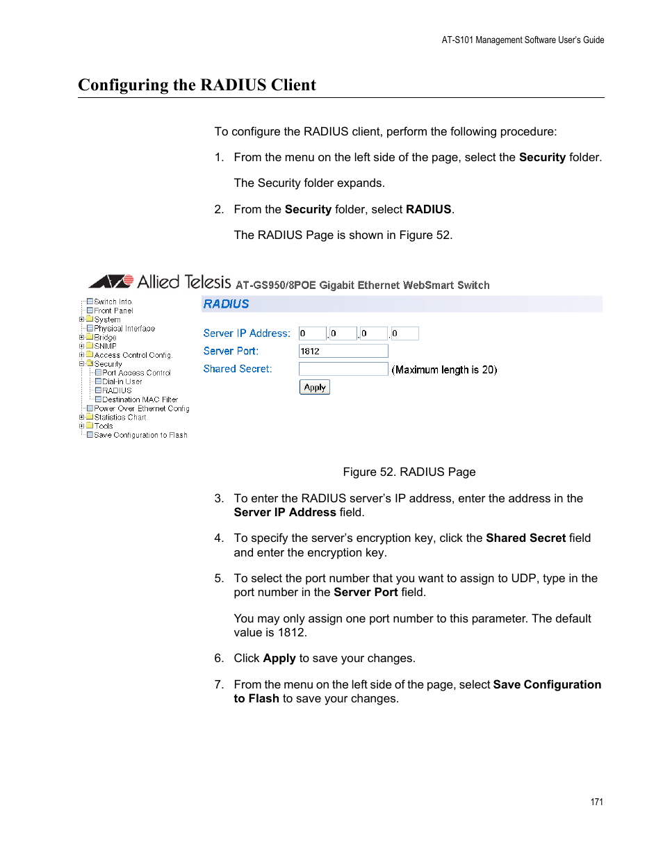 Configuring the radius client | Allied Telesis AT-S101 User Manual | Page 171 / 238