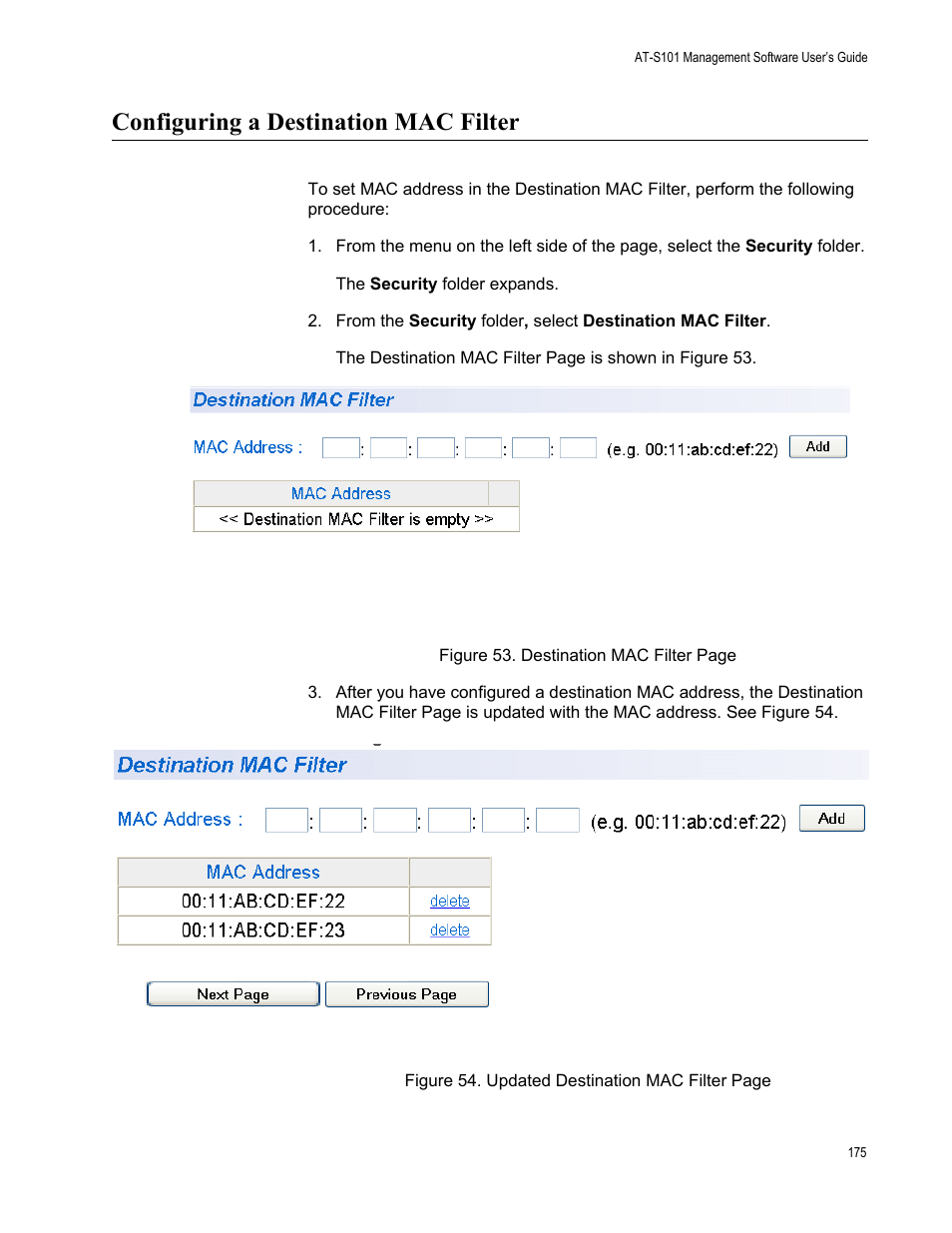 Configuring a destination mac filter | Allied Telesis AT-S101 User Manual | Page 175 / 238