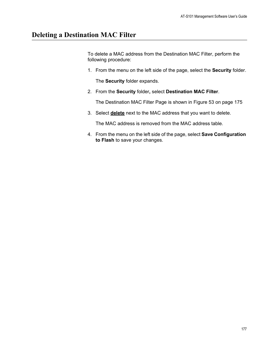 Deleting a destination mac filter | Allied Telesis AT-S101 User Manual | Page 177 / 238