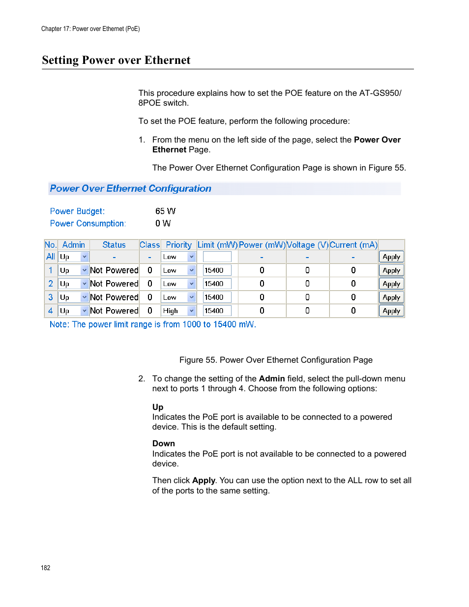 Setting power over ethernet | Allied Telesis AT-S101 User Manual | Page 182 / 238