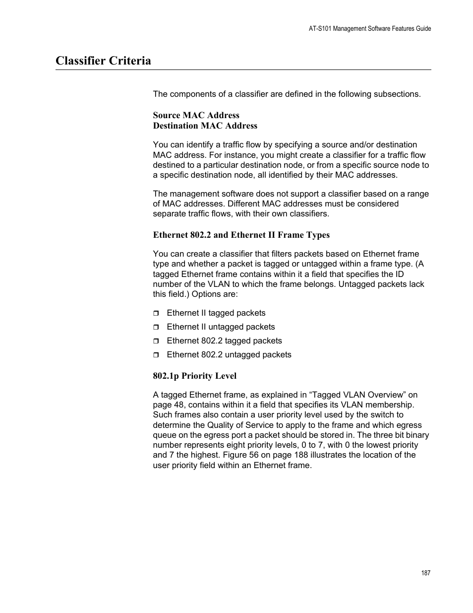 Classifier criteria | Allied Telesis AT-S101 User Manual | Page 187 / 238