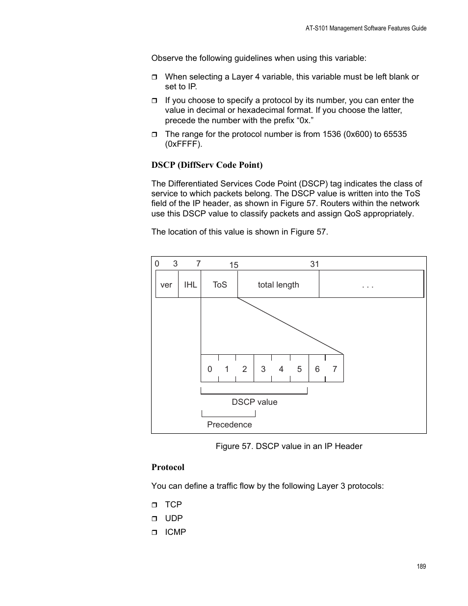 Figure 57: dscp value in an ip header | Allied Telesis AT-S101 User Manual | Page 189 / 238