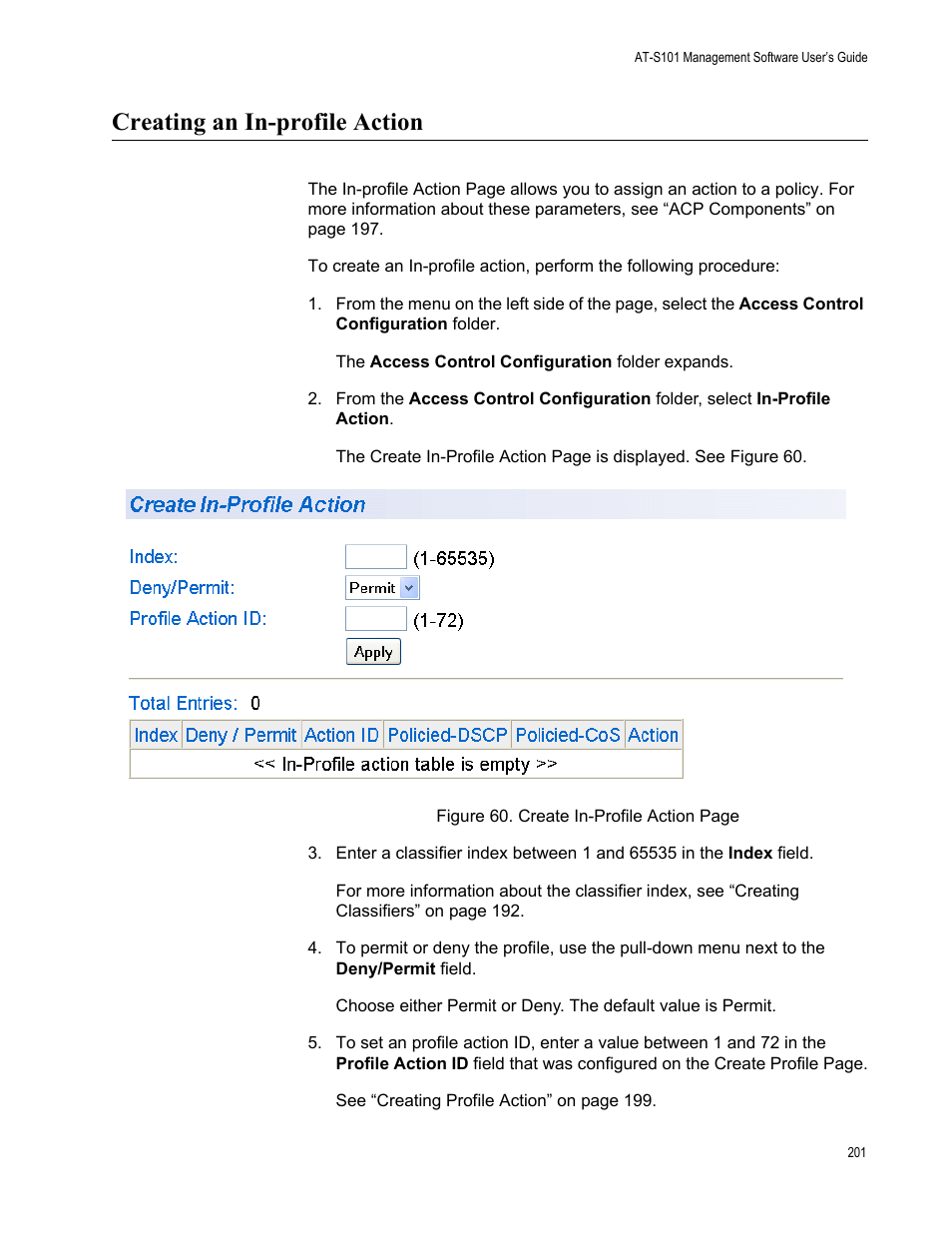 Creating an in-profile action | Allied Telesis AT-S101 User Manual | Page 201 / 238