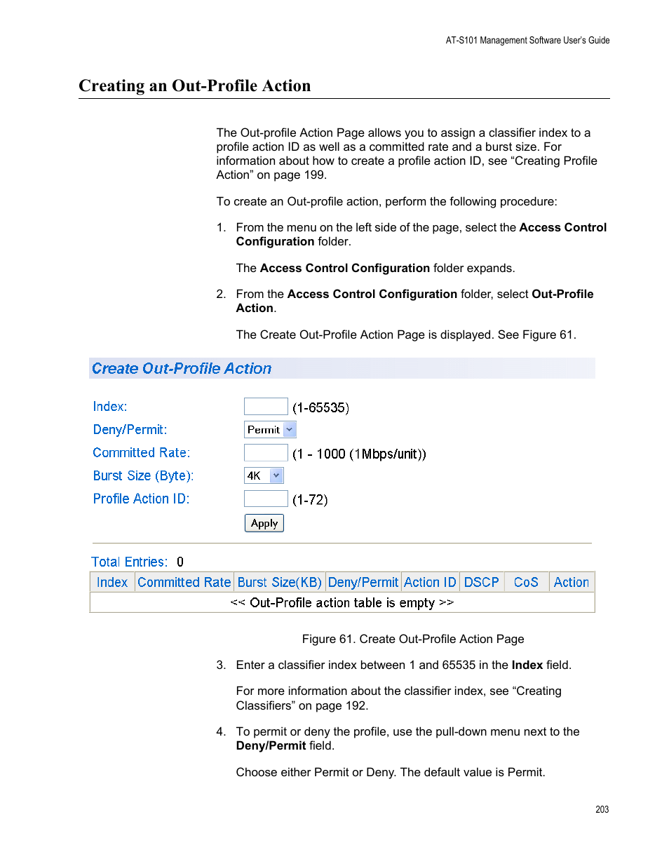 Creating an out-profile action | Allied Telesis AT-S101 User Manual | Page 203 / 238