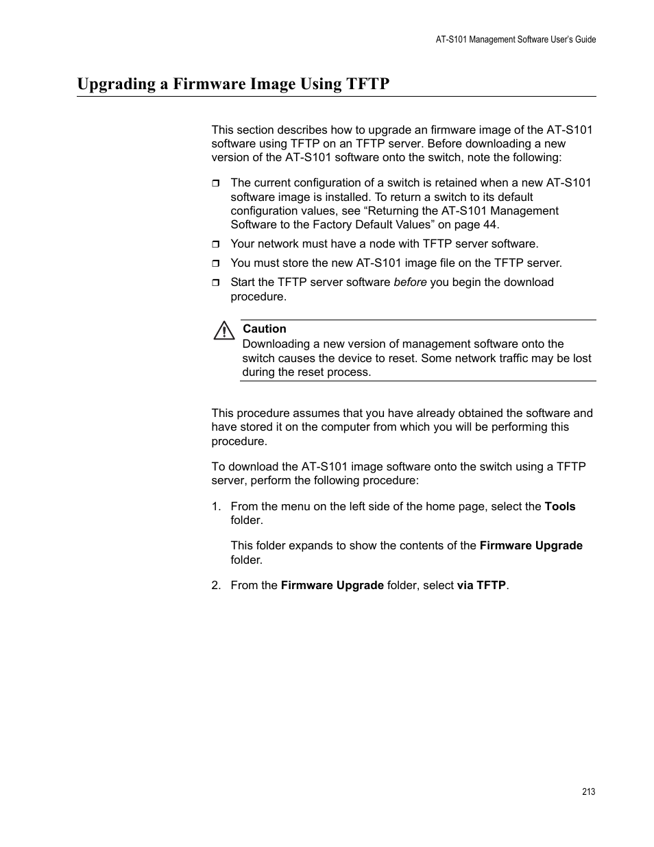 Upgrading a firmware image using tftp | Allied Telesis AT-S101 User Manual | Page 213 / 238