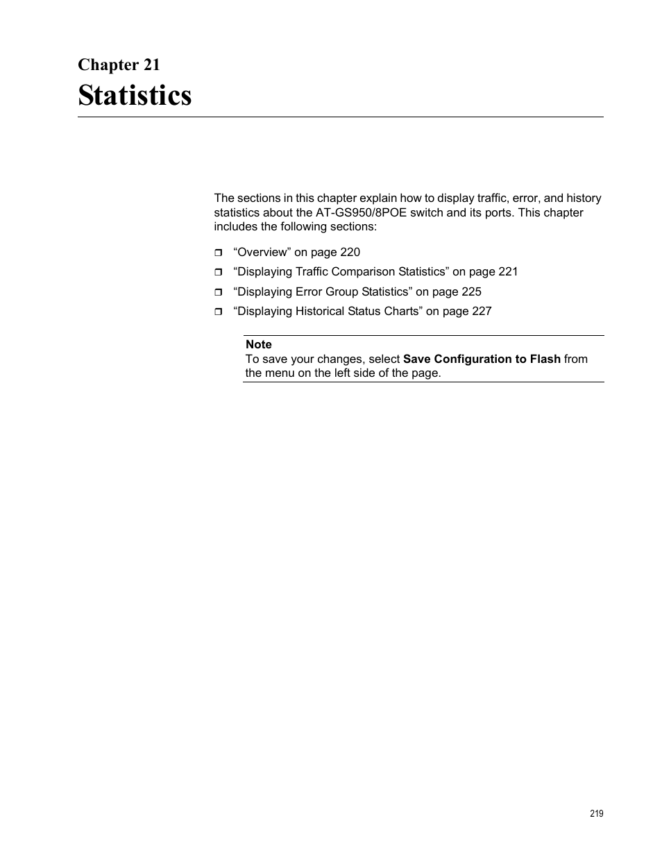 Chapter 21, Statistics | Allied Telesis AT-S101 User Manual | Page 219 / 238