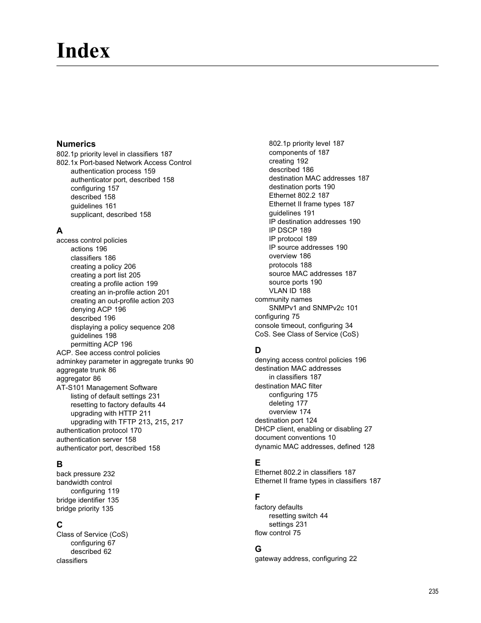 Index, Numerics | Allied Telesis AT-S101 User Manual | Page 235 / 238