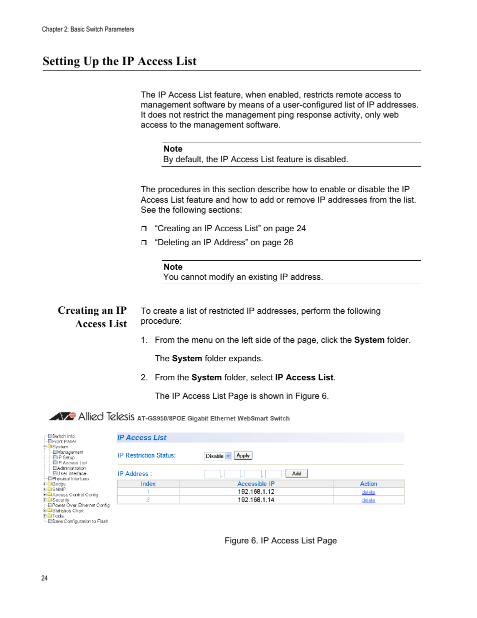 Setting up the ip access list, Creating an ip access list | Allied Telesis AT-S101 User Manual | Page 24 / 238