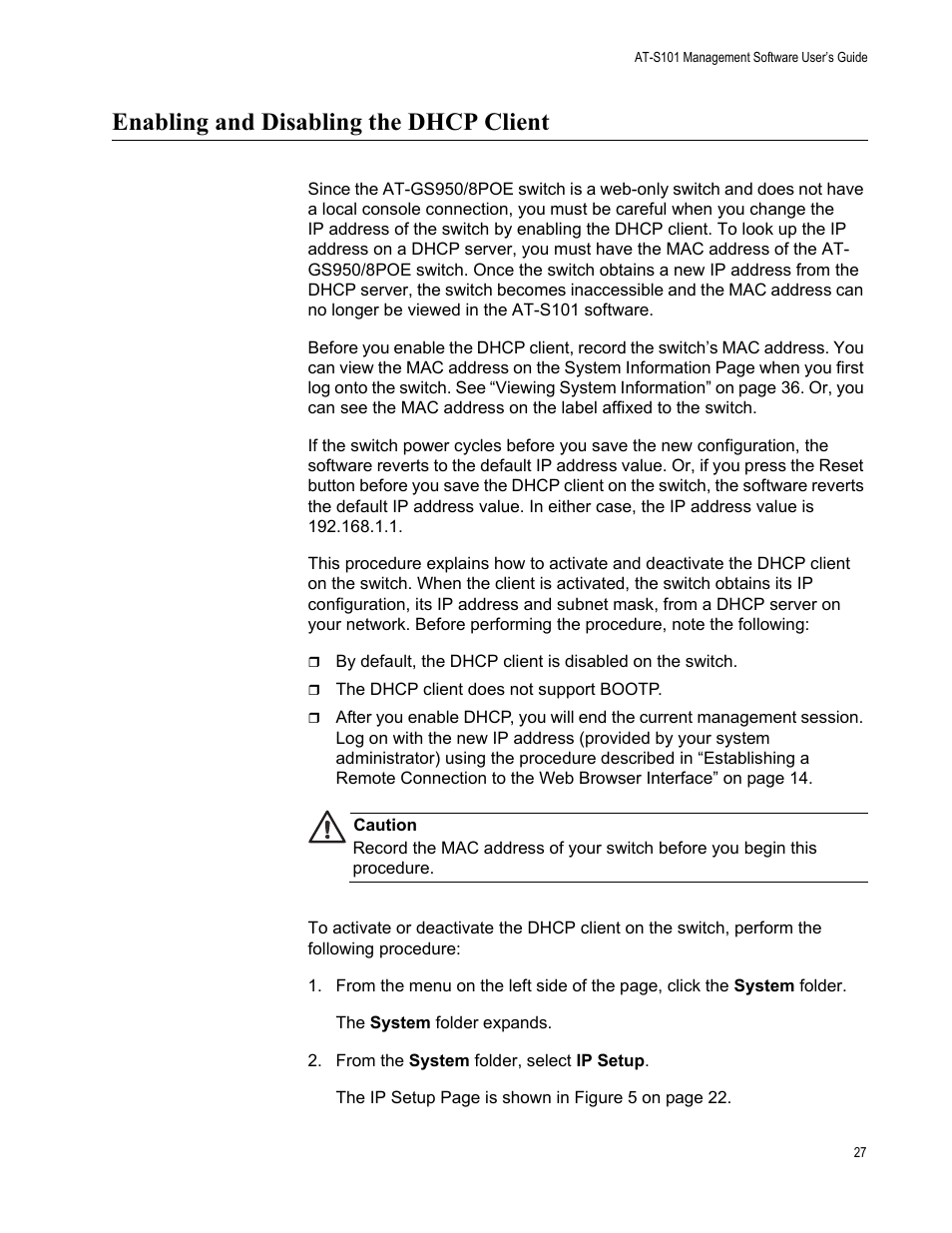 Enabling and disabling the dhcp client | Allied Telesis AT-S101 User Manual | Page 27 / 238