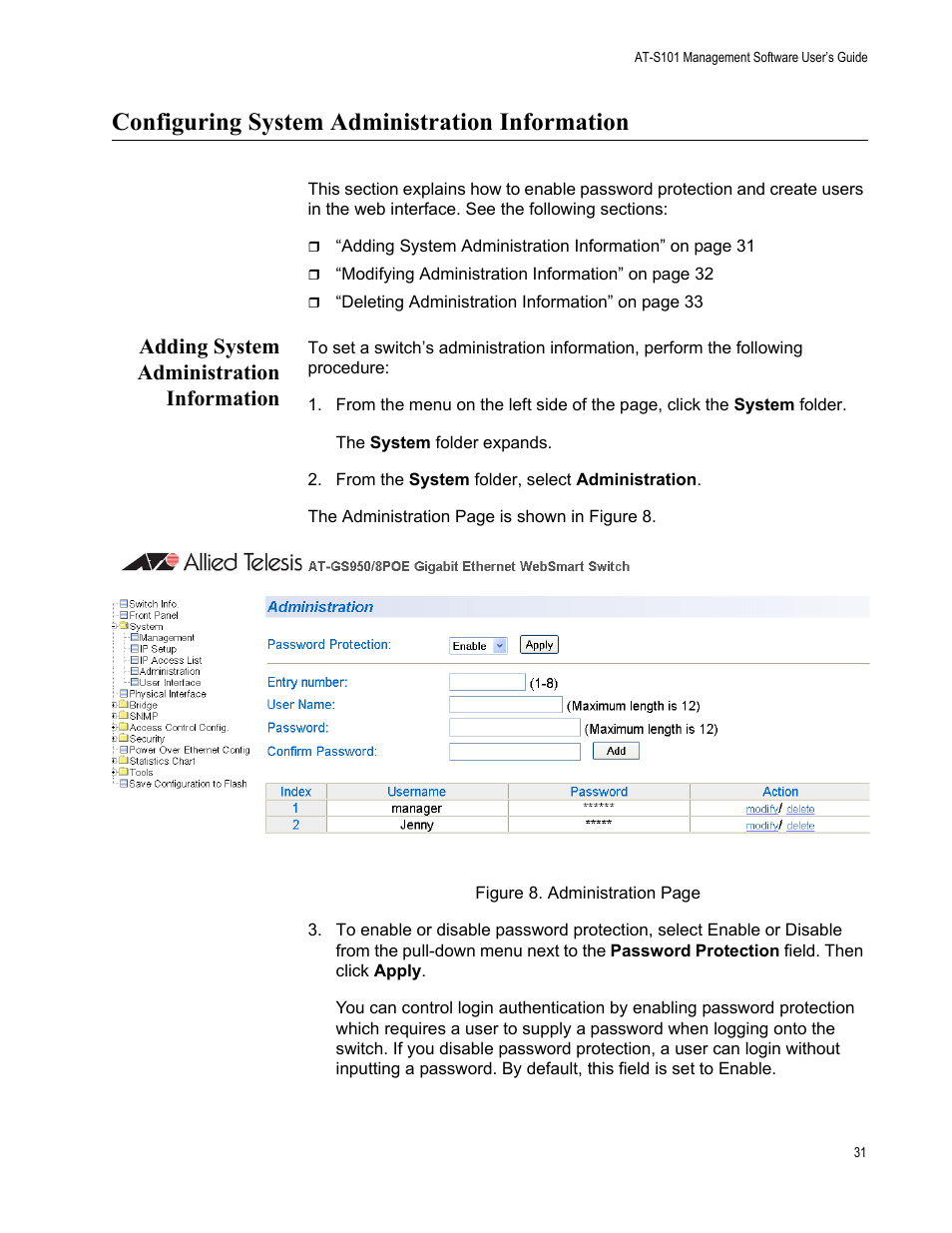 Configuring system administration information, Adding system administration information | Allied Telesis AT-S101 User Manual | Page 31 / 238