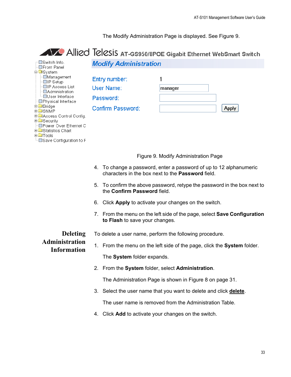 Deleting administration information | Allied Telesis AT-S101 User Manual | Page 33 / 238