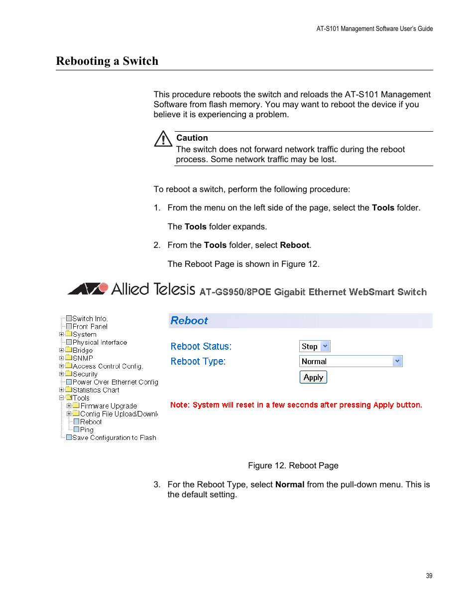 Rebooting a switch | Allied Telesis AT-S101 User Manual | Page 39 / 238