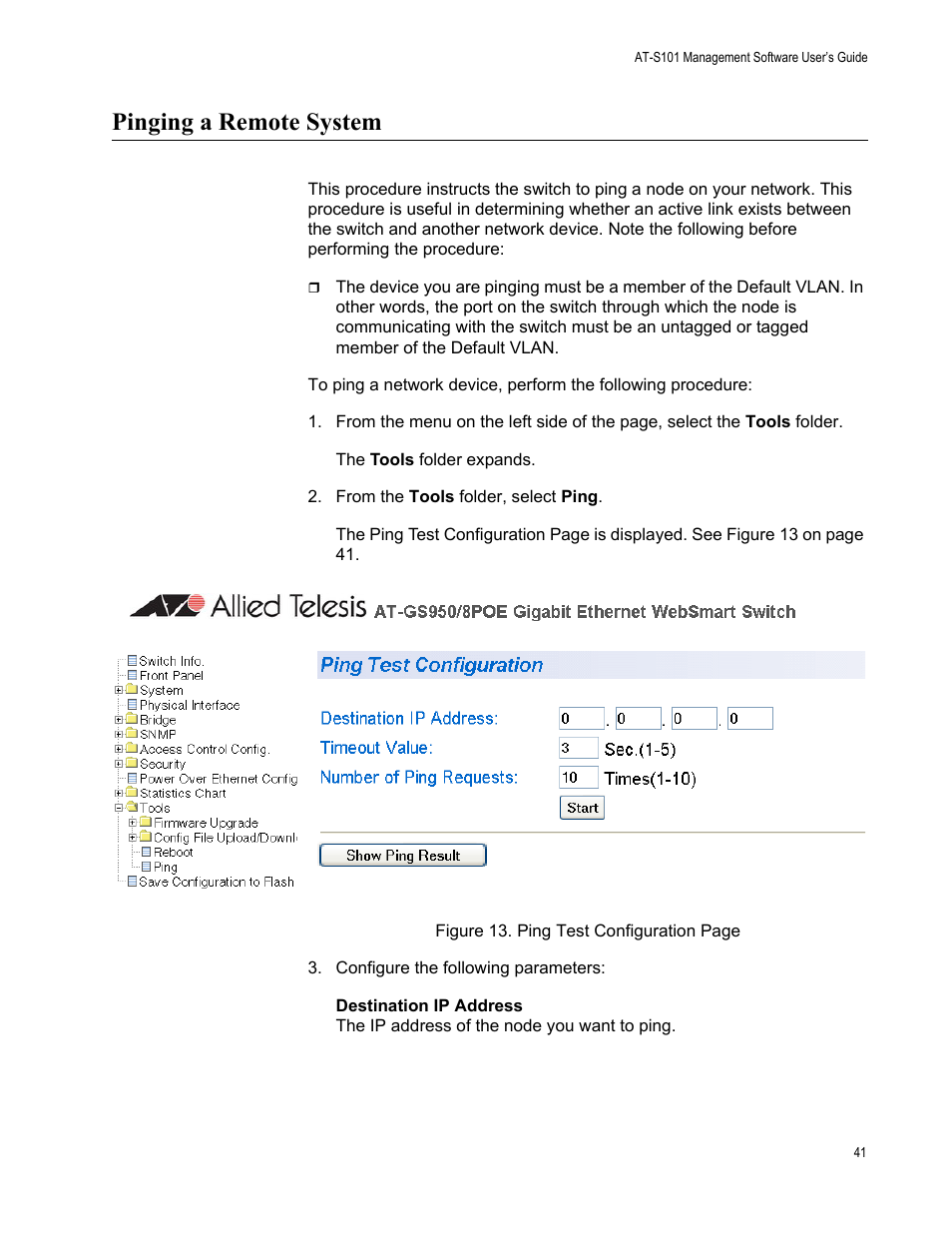 Pinging a remote system | Allied Telesis AT-S101 User Manual | Page 41 / 238