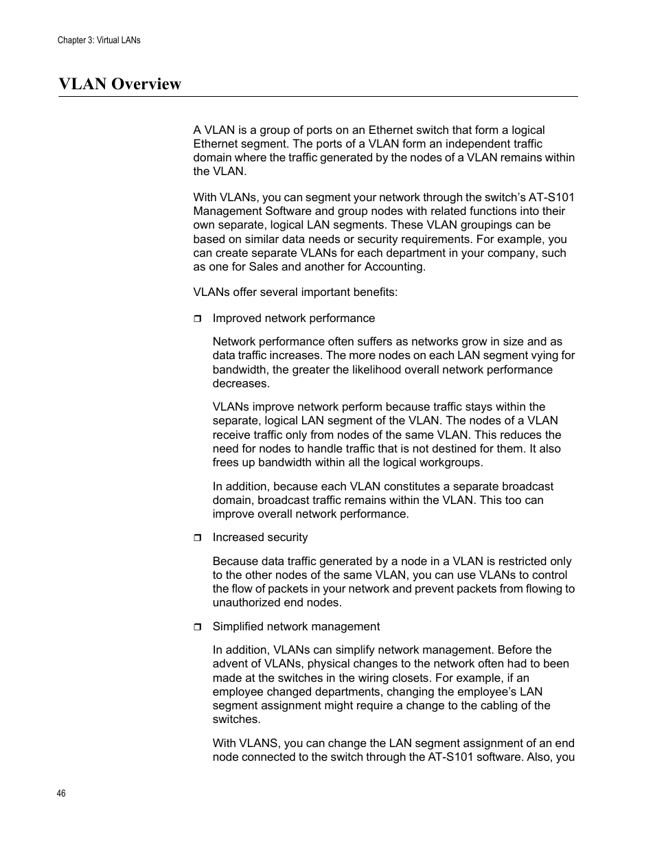 Vlan overview | Allied Telesis AT-S101 User Manual | Page 46 / 238