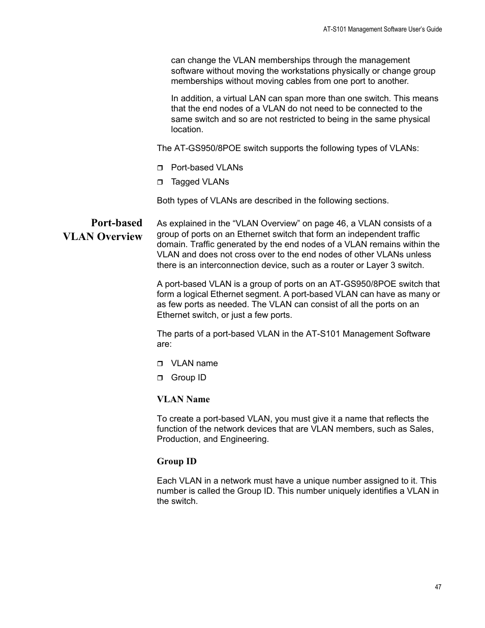 Port-based vlan overview | Allied Telesis AT-S101 User Manual | Page 47 / 238