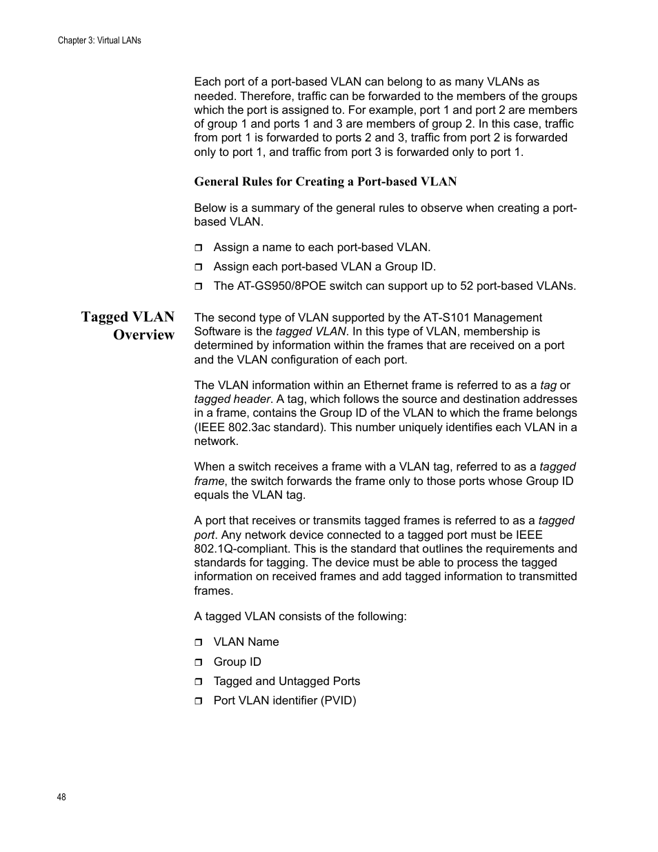 Tagged vlan overview | Allied Telesis AT-S101 User Manual | Page 48 / 238