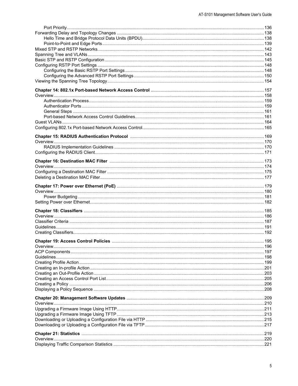 Chapter 14, Chapter 15, Chapter 16 | Chapter 17, Chapter 18, Chapter 19, Chapter 20, Chapter 21 | Allied Telesis AT-S101 User Manual | Page 5 / 238
