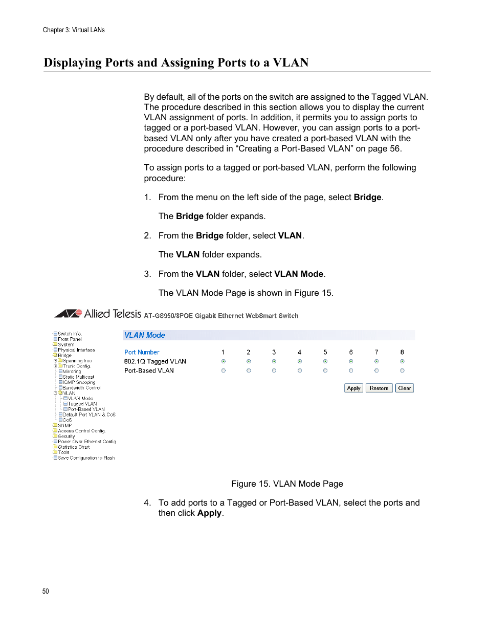 Displaying ports and assigning ports to a vlan | Allied Telesis AT-S101 User Manual | Page 50 / 238