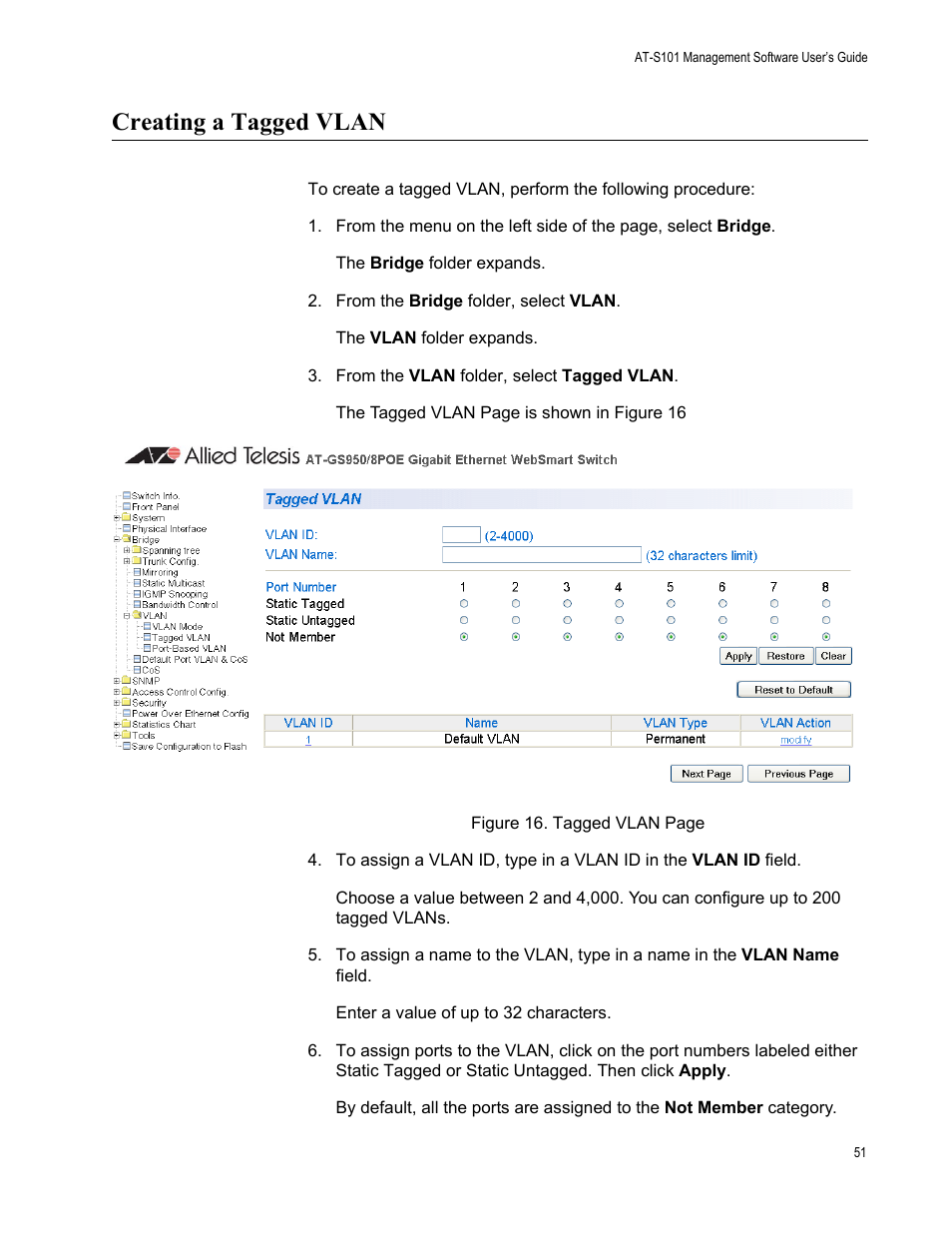 Creating a tagged vlan | Allied Telesis AT-S101 User Manual | Page 51 / 238