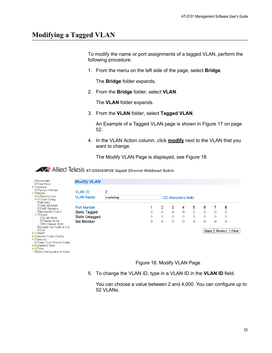 Modifying a tagged vlan | Allied Telesis AT-S101 User Manual | Page 53 / 238