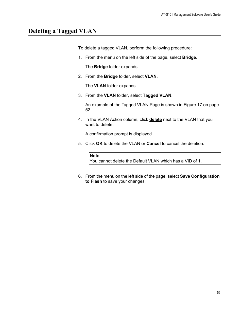 Deleting a tagged vlan | Allied Telesis AT-S101 User Manual | Page 55 / 238