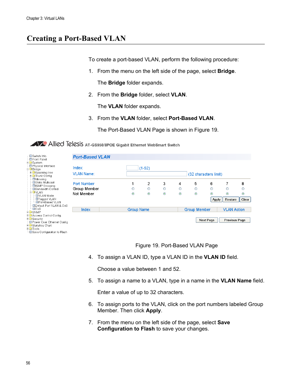 Creating a port-based vlan | Allied Telesis AT-S101 User Manual | Page 56 / 238