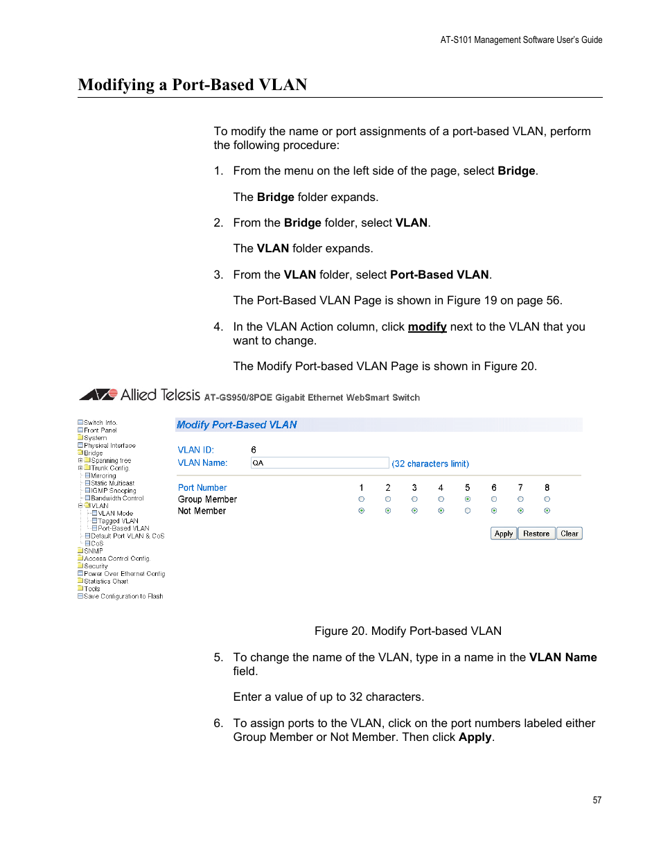 Modifying a port-based vlan, Figure 20: modify port-based vlan | Allied Telesis AT-S101 User Manual | Page 57 / 238