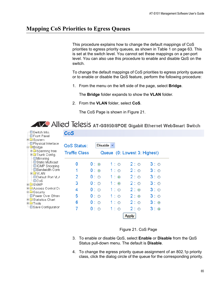 Mapping cos priorities to egress queues | Allied Telesis AT-S101 User Manual | Page 65 / 238