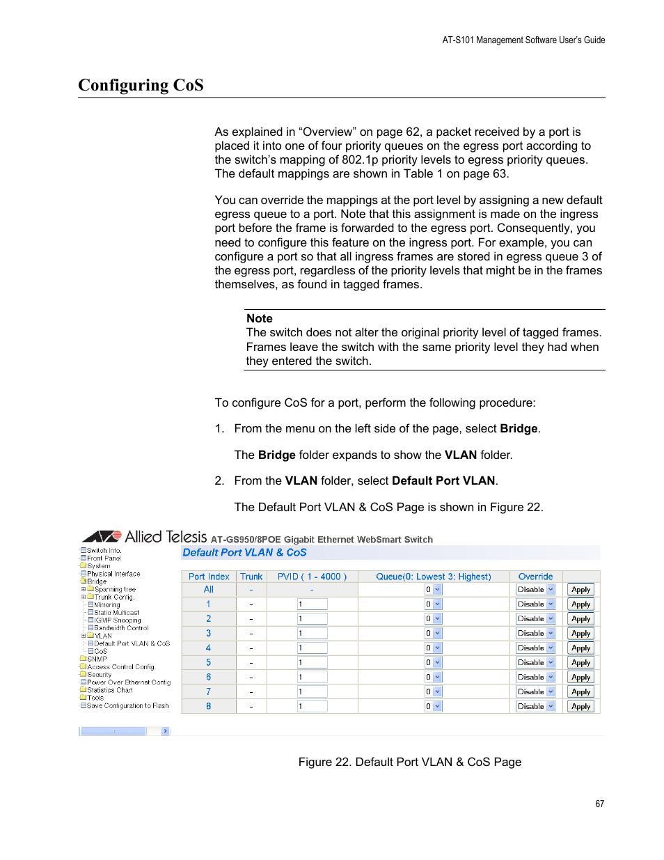 Configuring cos | Allied Telesis AT-S101 User Manual | Page 67 / 238