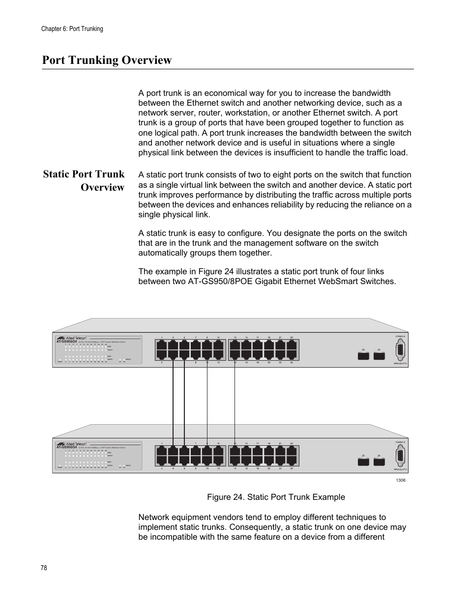 Port trunking overview, Static port trunk overview, Figure 24: static port trunk example | Chapter 6: port trunking 78 | Allied Telesis AT-S101 User Manual | Page 78 / 238