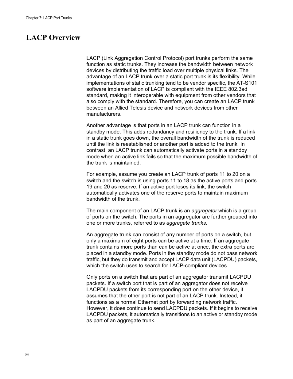 Lacp overview | Allied Telesis AT-S101 User Manual | Page 86 / 238