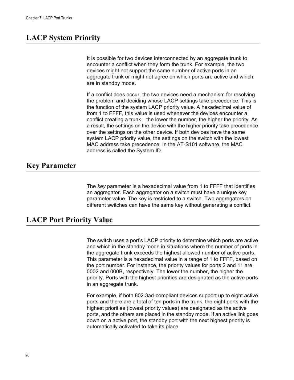 Lacp system priority, Key parameter, Lacp port priority value | Allied Telesis AT-S101 User Manual | Page 90 / 238